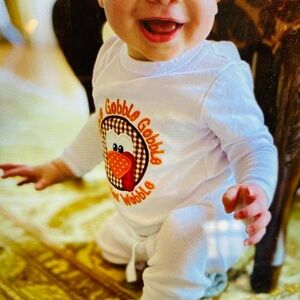 🦃 Gobble Till You Wobble Embroidery Thanksgiving Onesie 🧡